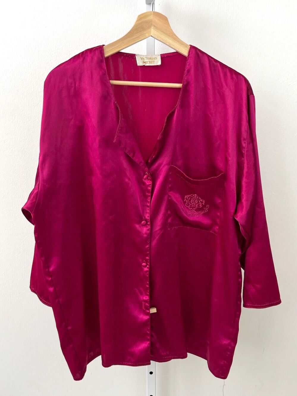 VICTORIA'S SECRET Est L Gold Label Satin Pajama Top Button Up Shirt Magenta Pink